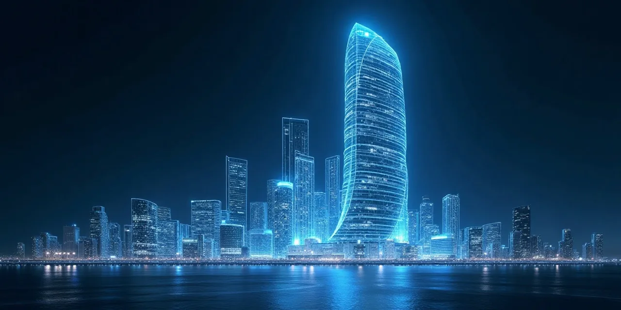 Architectural skyline from wireframe to photorealistic render